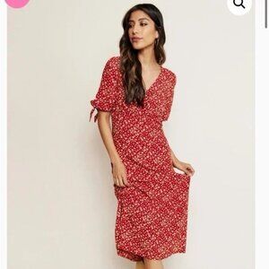 Able Brick Red Floral Printed Simone Tie Sleeve Midi Dress